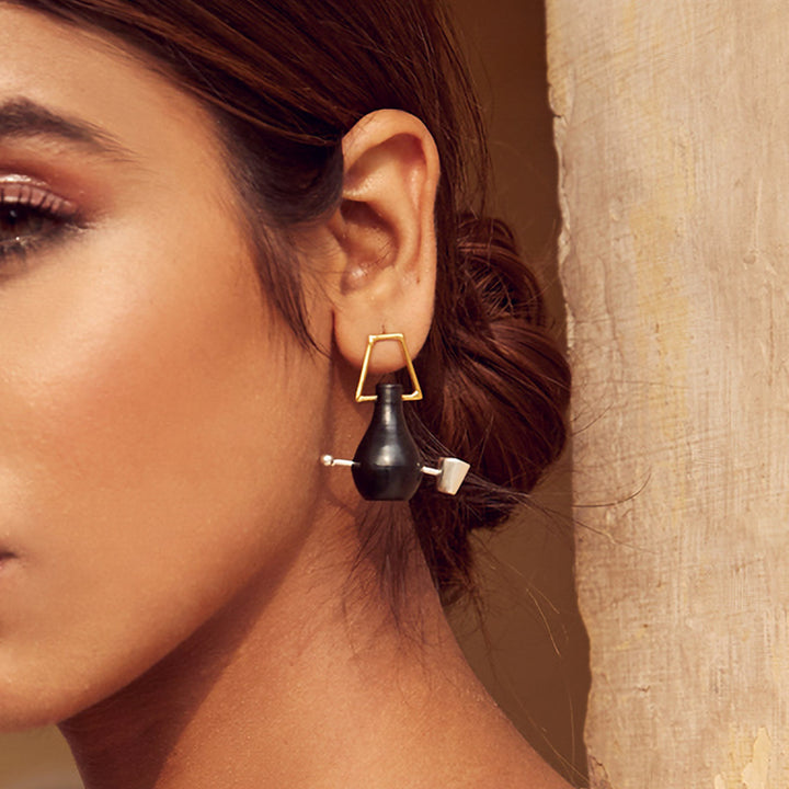 Statement Handmade Pot And Glass Pierced Design Brass Earrings | 22K Gold Plated