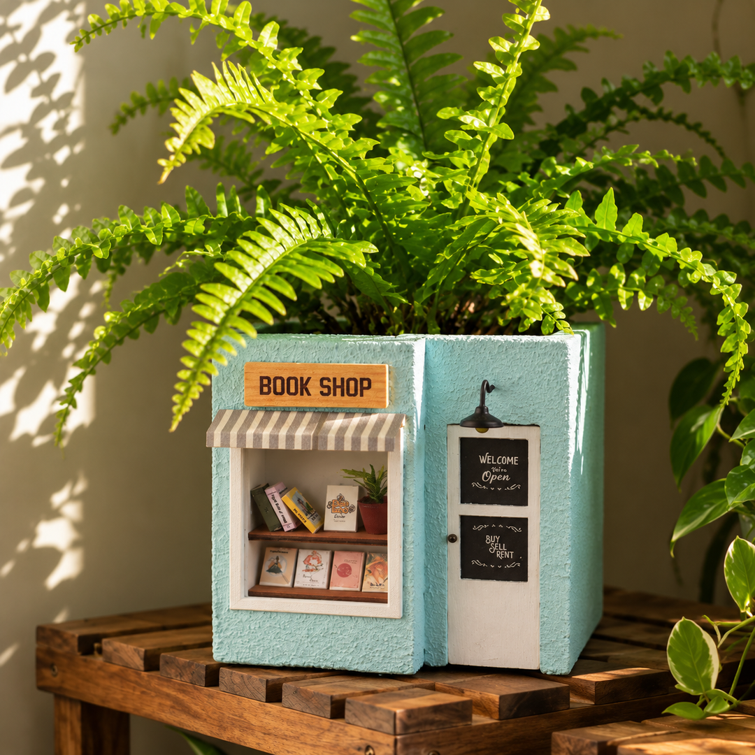 Handmade Book Shop Themed Blue Concrete Planter With Drainage Hole For Home Decor