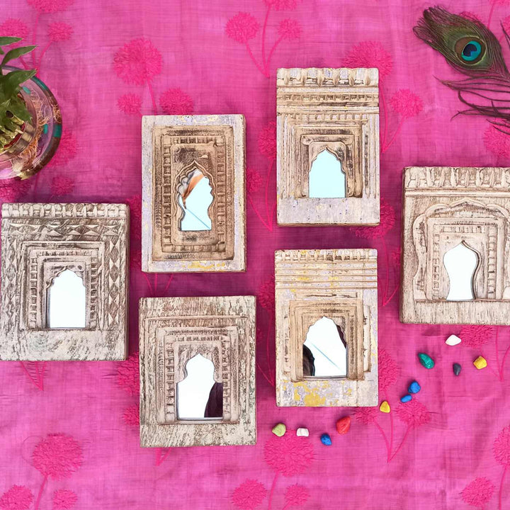 Handcrafted Jharoka Wooden Mirror Frame | Set of 6