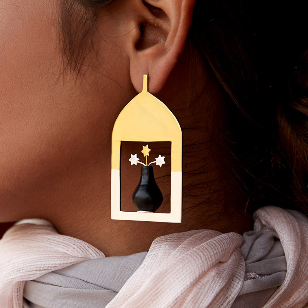 Statement Handmade Guldasta Flower Pot Design Earrings | 22K Gold And Silver Plated