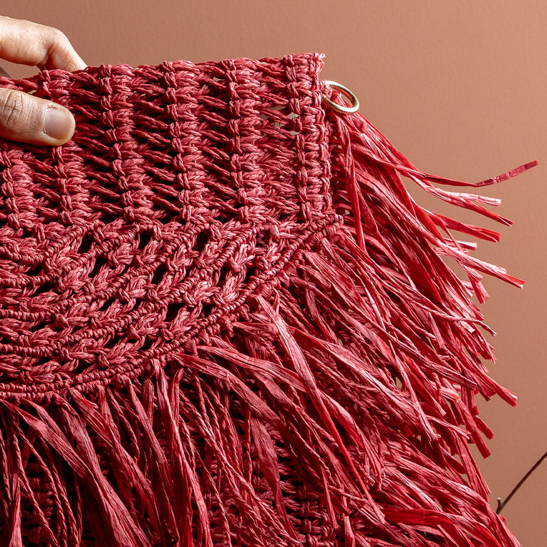 Handmade Macrame Crimson Red Poppy Raffia Handbag