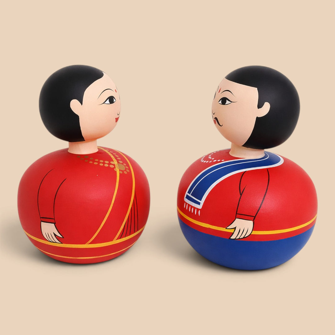 Set of 2 | Hand-Painted Red & Blue Bobble Head Couple Wooden Golu Dolls For Gifting & Decor