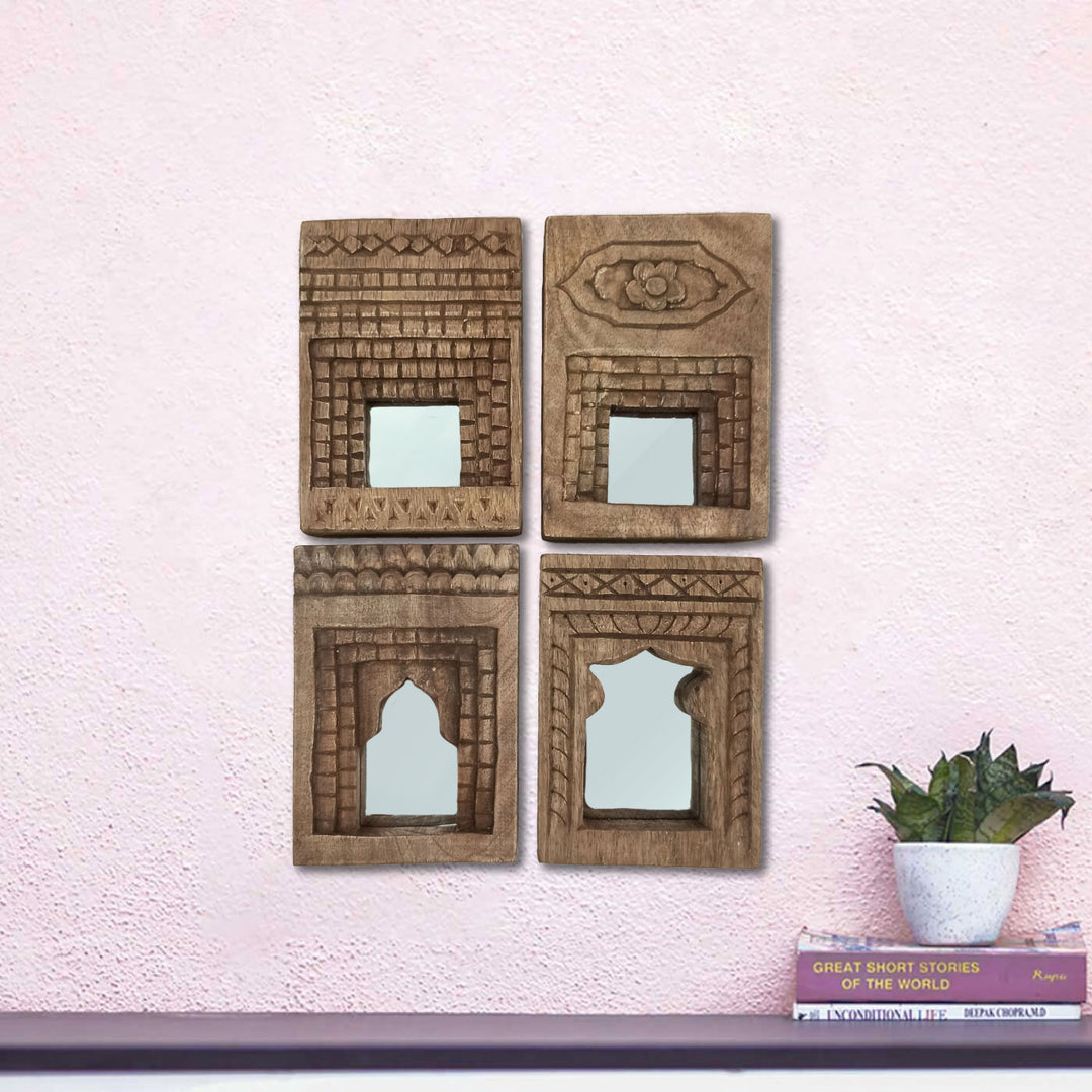 Handcrafted Wooden Temple Mirror Frame | Set of 4