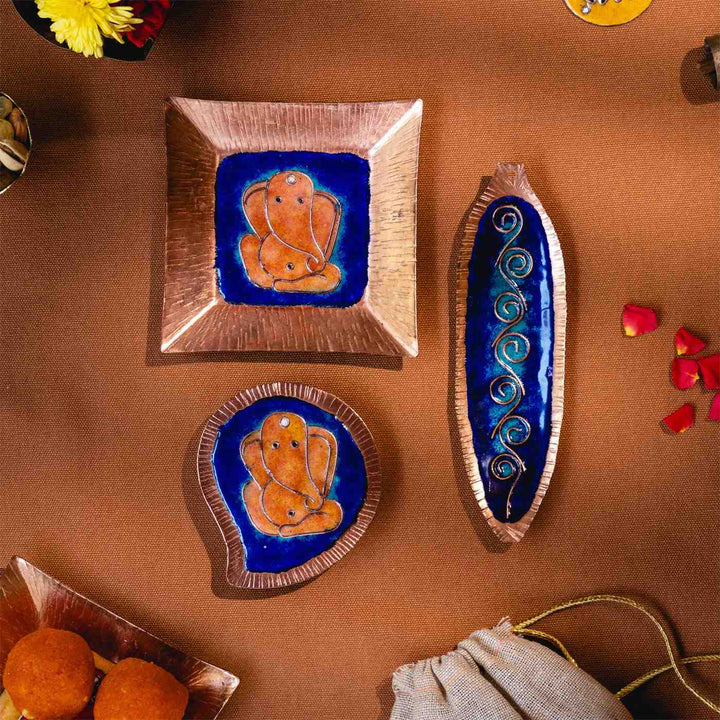 Copper Enamel Ganesha Pooja Thali Diwali Combo