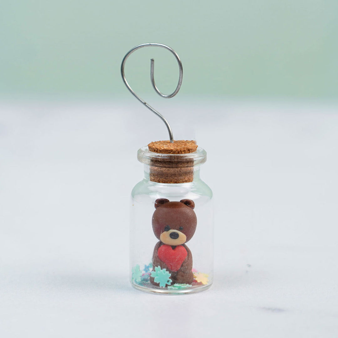 Handcrafted Clay Miniature Teddy In Glass Jar Photo Holder