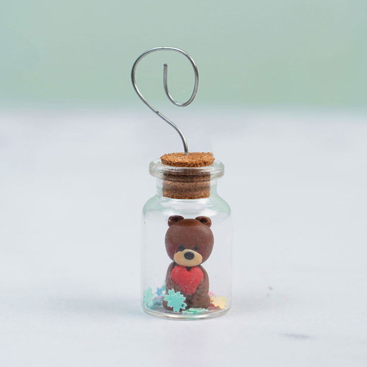 Handcrafted Clay Miniature Teddy In Glass Jar Photo Holder