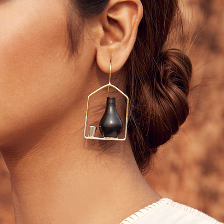 Statement Handmade Pot And Glass Design Earrings | 22K Gold And Silver Plated