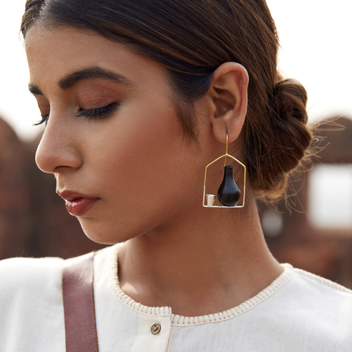 Statement Handmade Pot And Glass Design Earrings | 22K Gold And Silver Plated