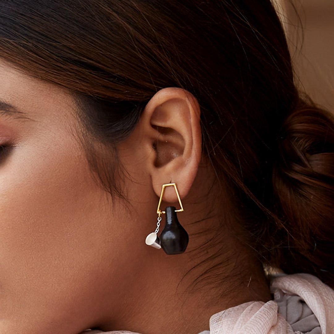Statement Handmade Pot And Glass Hanging Earrings | 22K Gold Plated