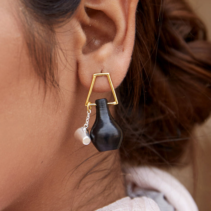 Statement Handmade Pot And Glass Hanging Earrings | 22K Gold Plated