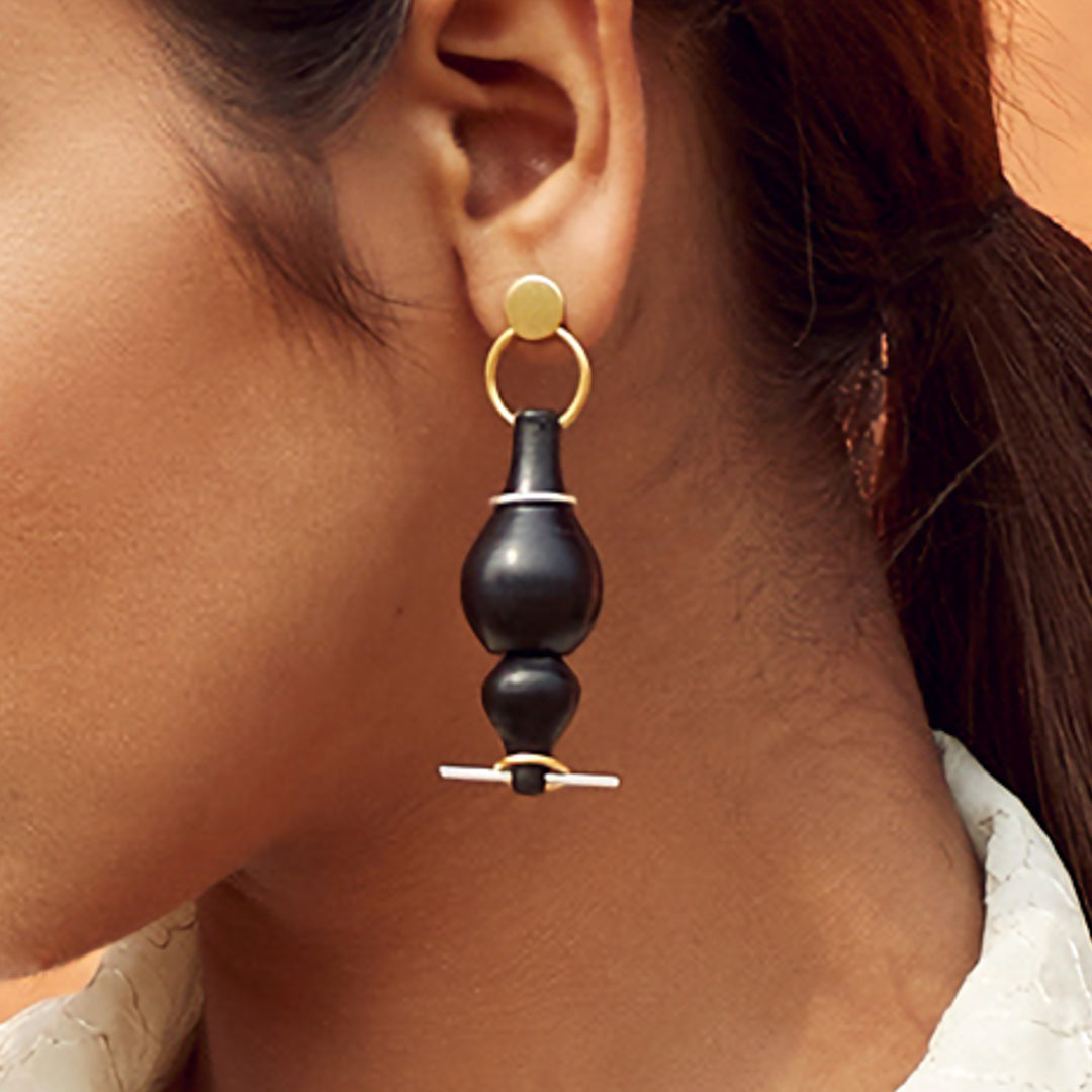 Modern Handmade Black Chirag Design Brass Earrings | 22K Gold Plated