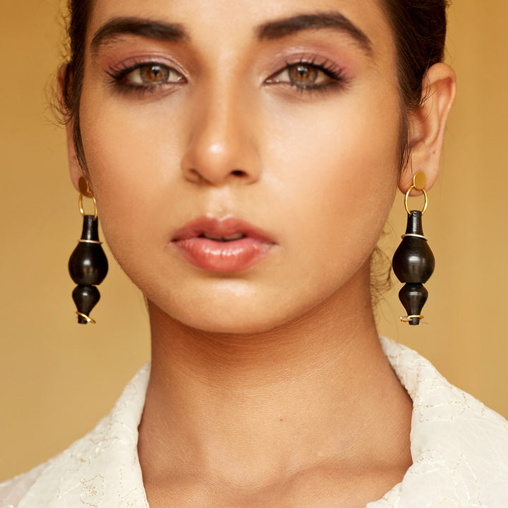 Modern Handmade Black Chirag Design Brass Earrings | 22K Gold Plated
