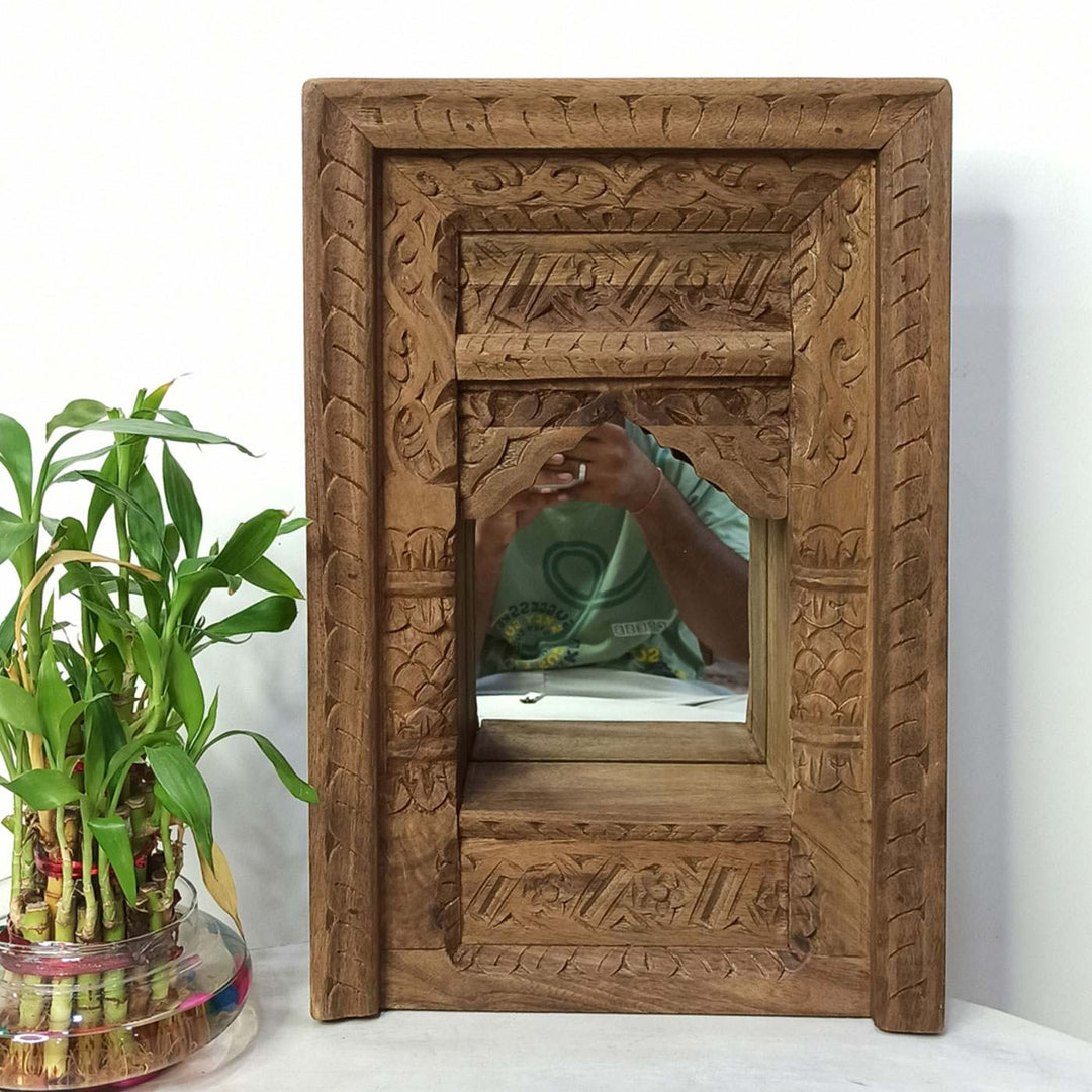 Handcrafted Wooden Mirror Jharokha With Shelf