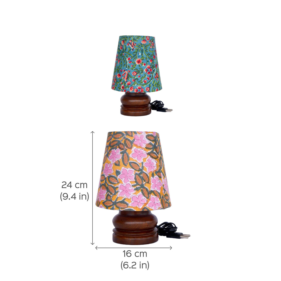 Wooden Mini Table Lamp With Printed Fabric Shade