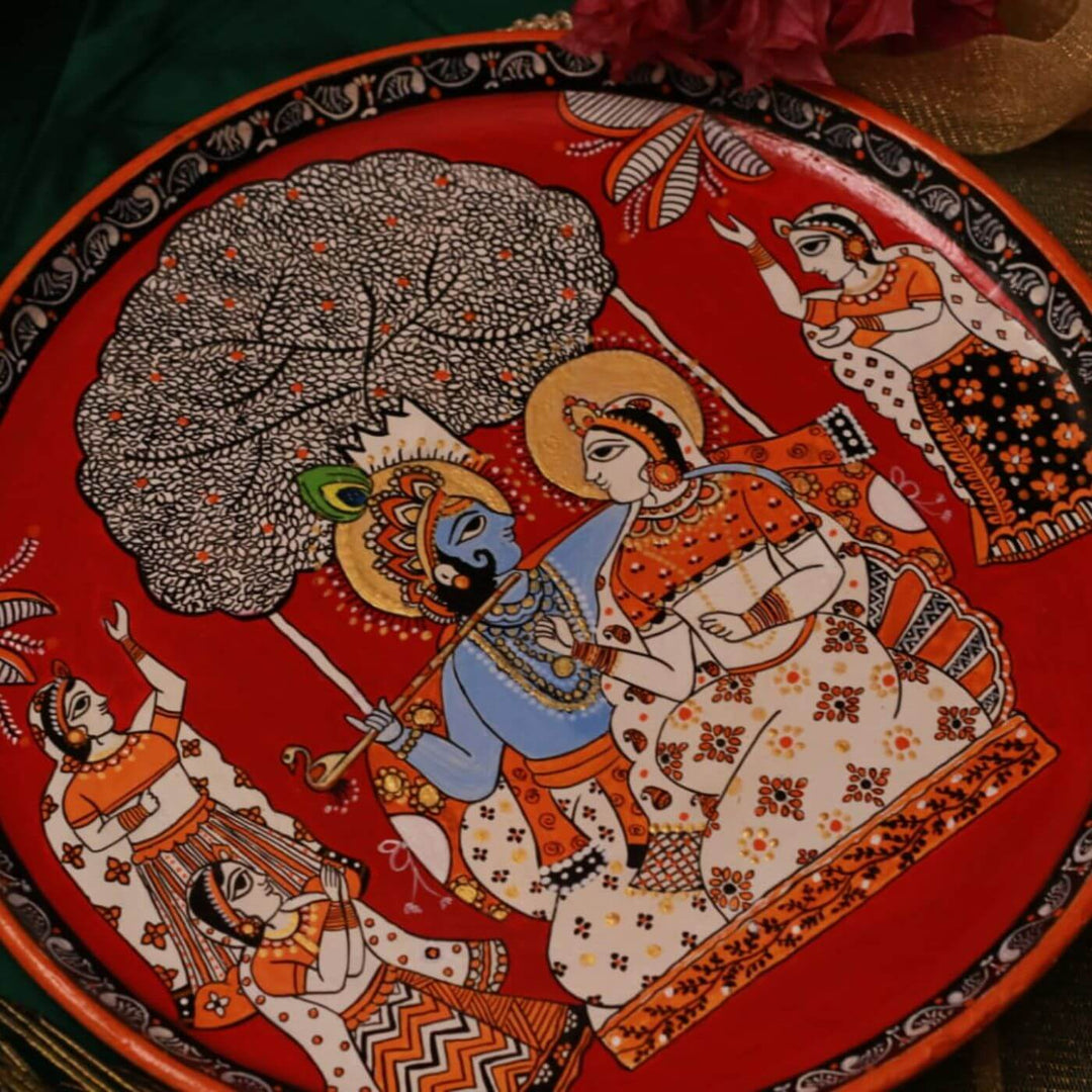 Handpainted Wooden Wall Plate With Krishna Artwork - Set Of 2 - Zwende