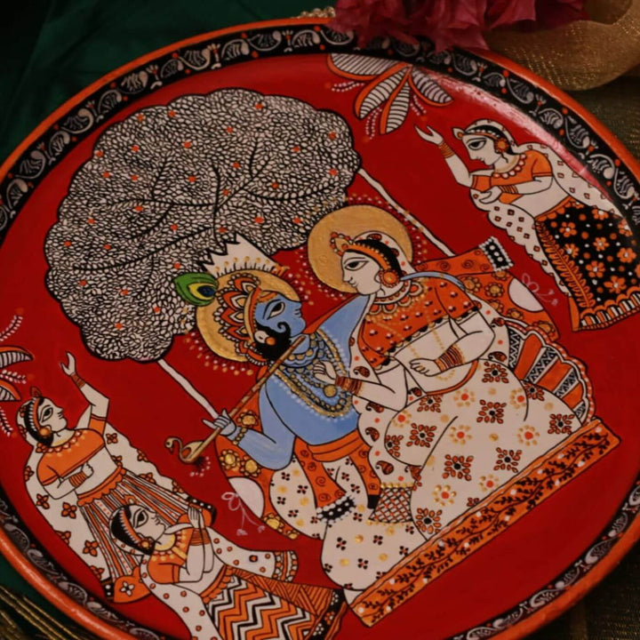 Handpainted Wooden Wall Plate With Krishna Artwork - Set Of 2 - Zwende