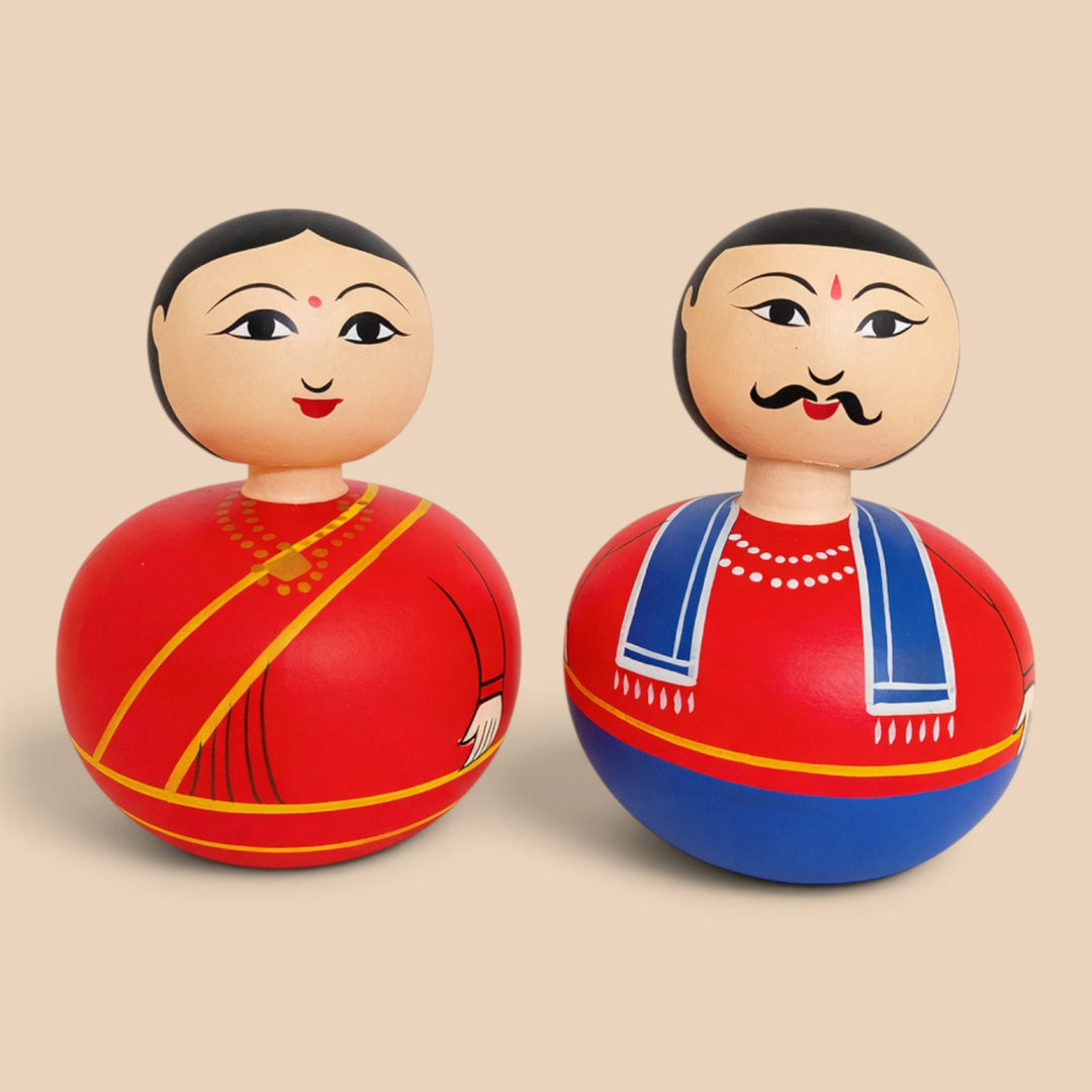 Set of 2 | Hand-Painted Red & Blue Bobble Head Couple Wooden Golu Dolls For Gifting & Decor