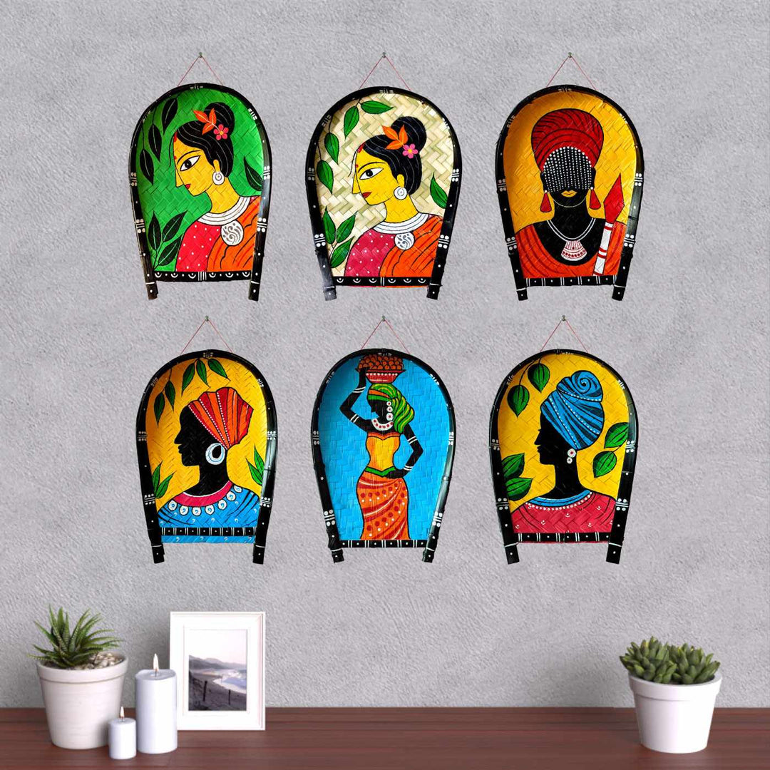 Handpainted Woman Folk Art | White Folk Art Bamboo Wall Decor
