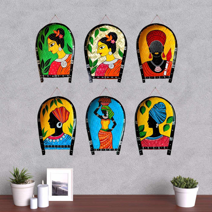 Handpainted Woman Folk Art | White Folk Art Bamboo Wall Decor