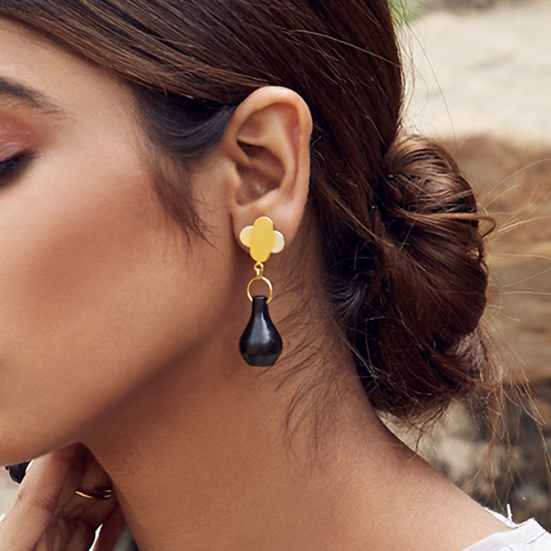 Minimal Handmade Gold Flower And Pot Hanging Design Brass Earrings | 22K Gold Plated