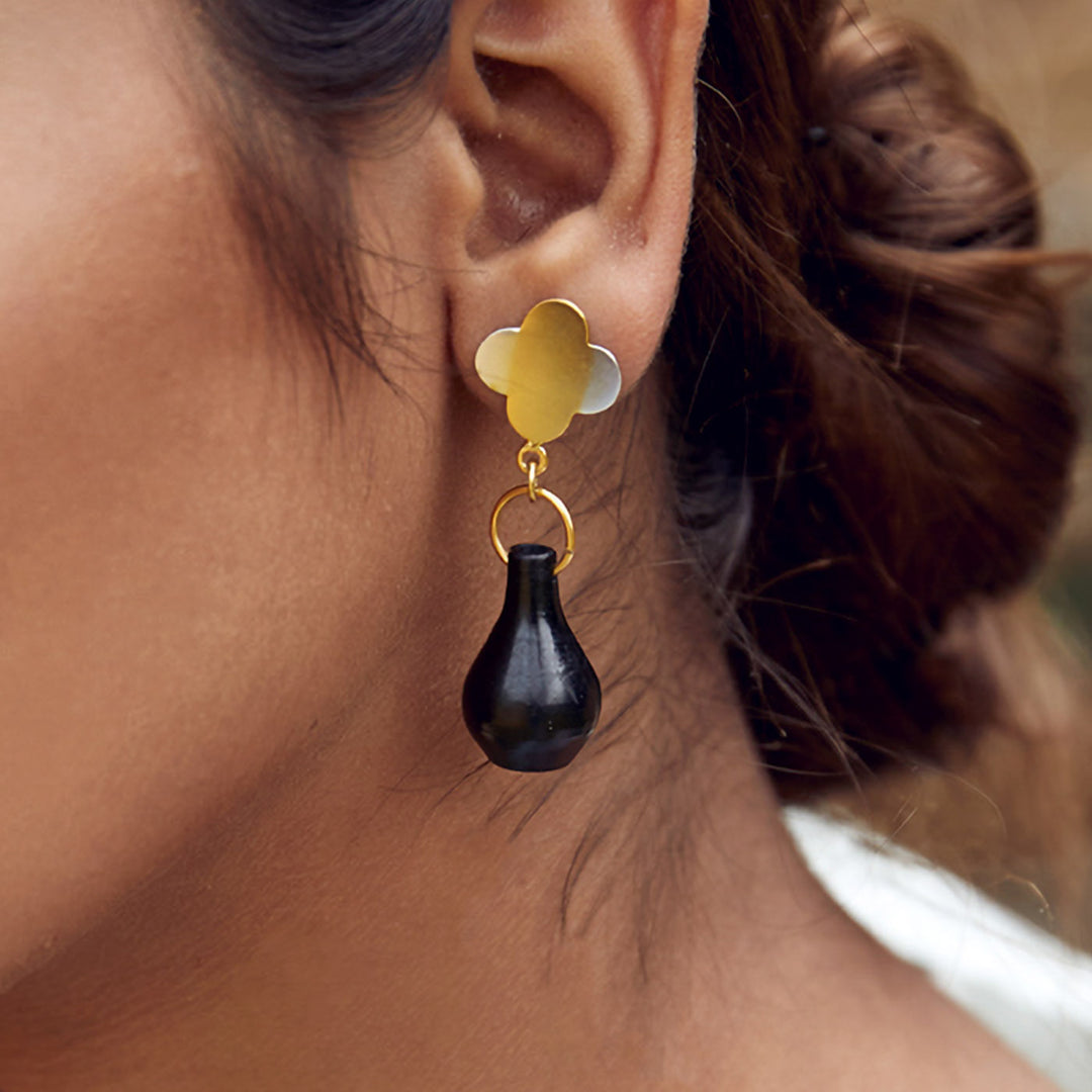 Minimal Handmade Gold Flower And Pot Hanging Design Brass Earrings | 22K Gold Plated