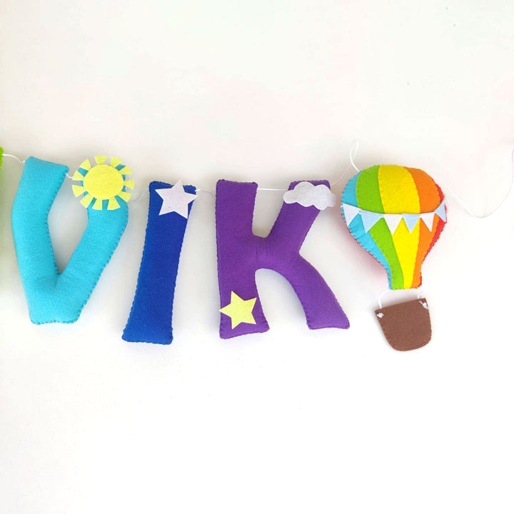 Handcrafted Personalized Rainbow Balloon Theme Felt Bunting - Name Personalization Example Hanging Display