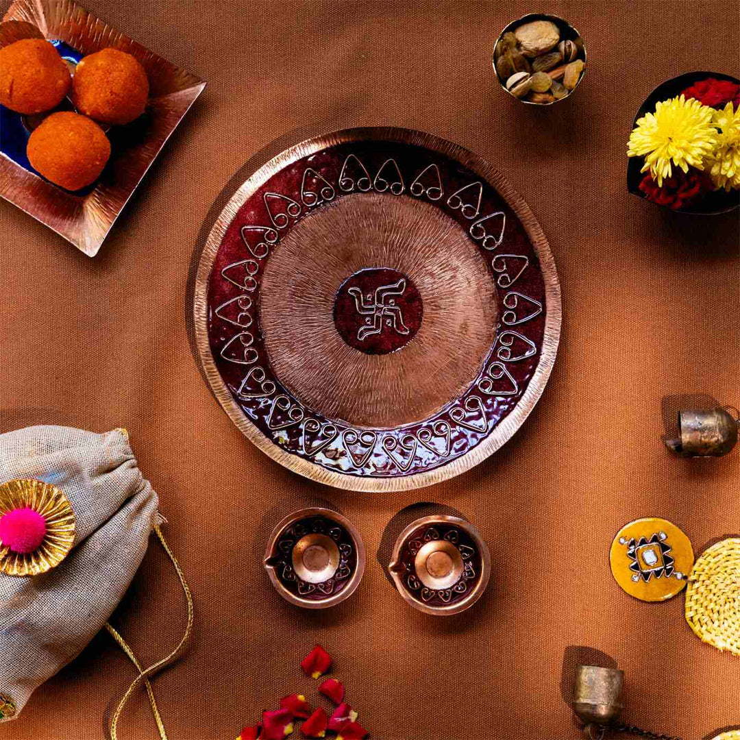 Red Copper Enamel Diwali Pooja Decor Combo