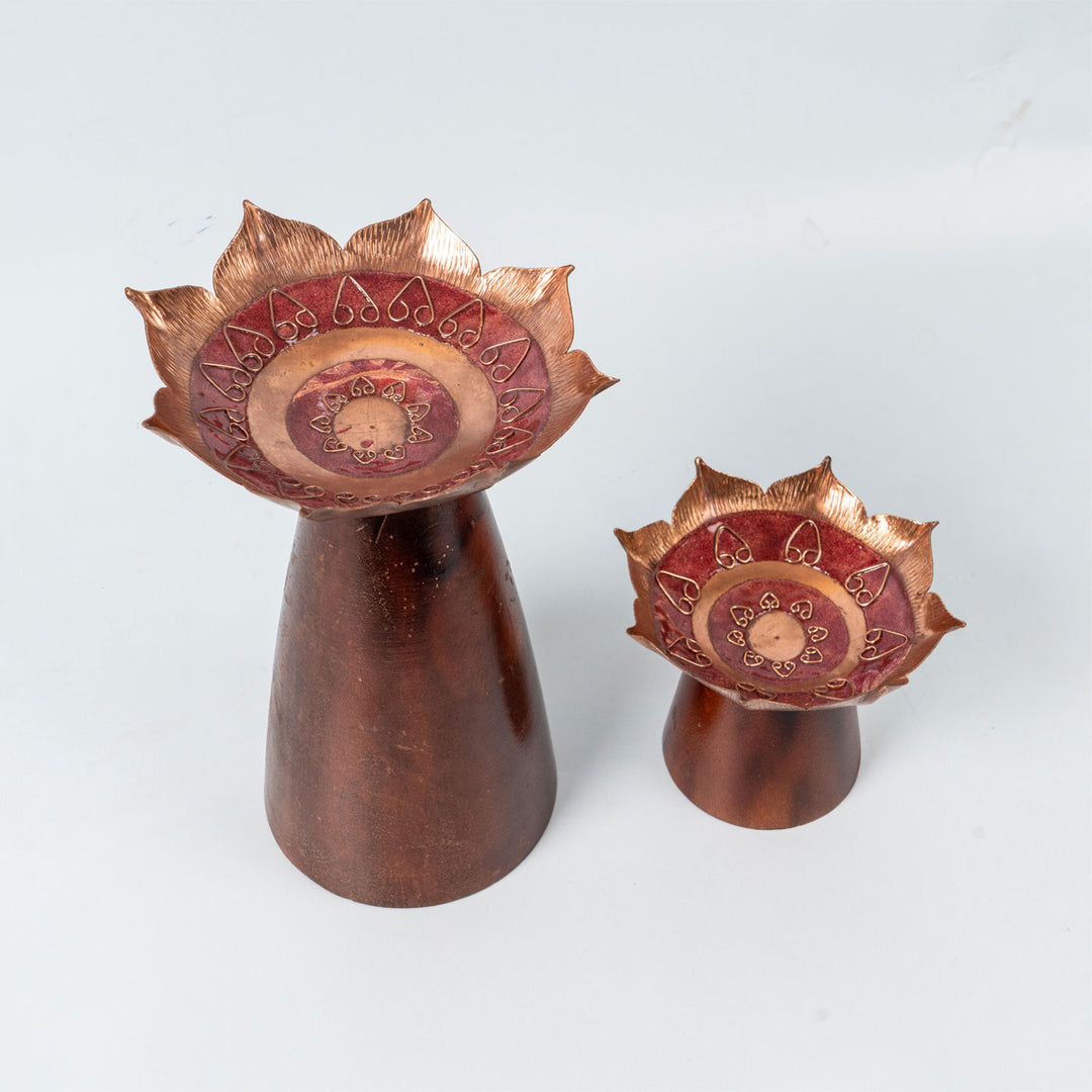 Copper Enamel & Mango Wood Festive Samai I Oil Lamp