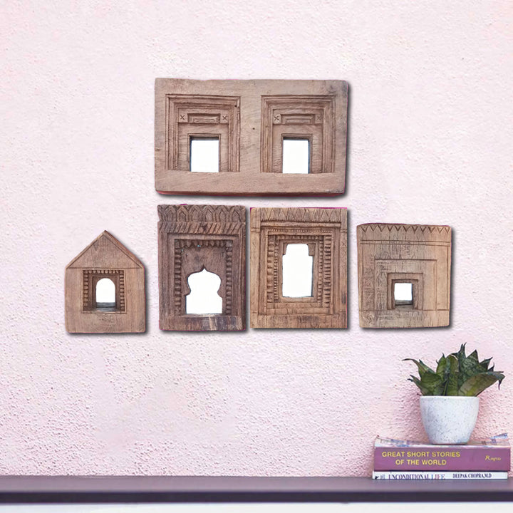 Handcrafted Wooden Antique Temple Mirror Frame | Set of 5