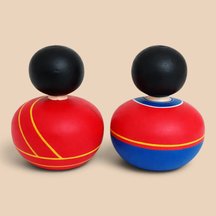 Set of 2 | Hand-Painted Red & Blue Bobble Head Couple Wooden Golu Dolls For Gifting & Decor