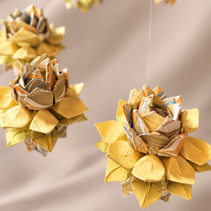 2 Pc | Hand-Marbled Origami Lotus Hanging in Tree-Free Paper - Beige Multicolour & Yellow