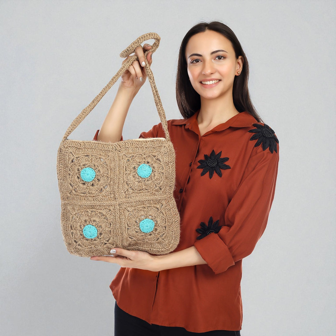 Handmade Crochet Brown & Blue Sling Bag