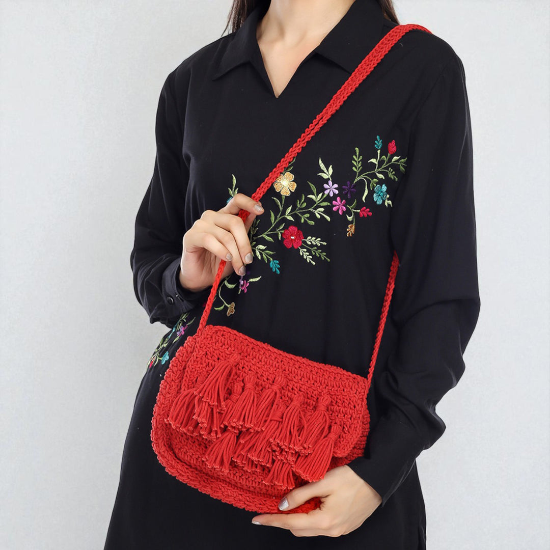 Handmade Crochet Red Tassel Sling Bag