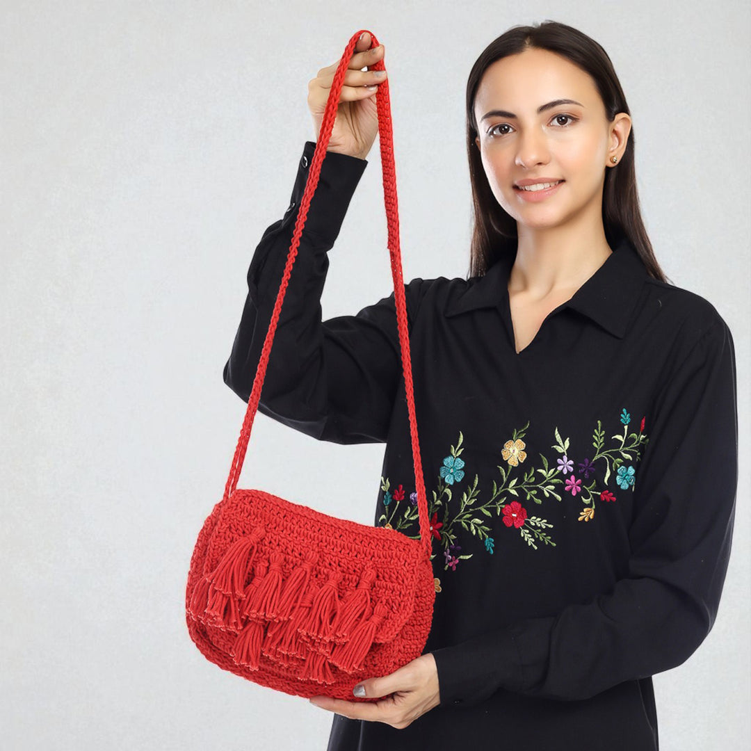 Handmade Crochet Red Tassel Sling Bag
