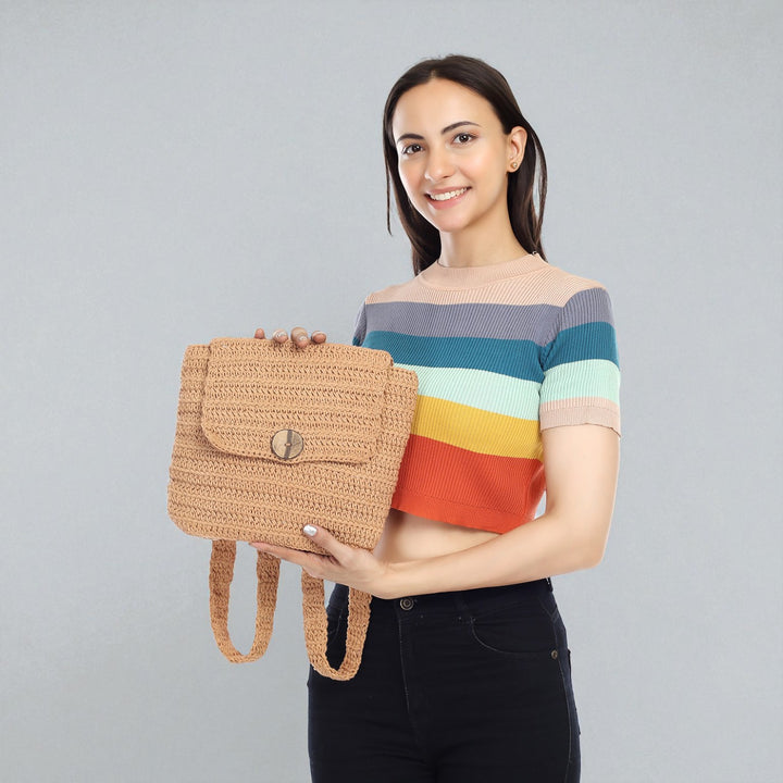 Handmade Crochet Minimalist Beige Backpack