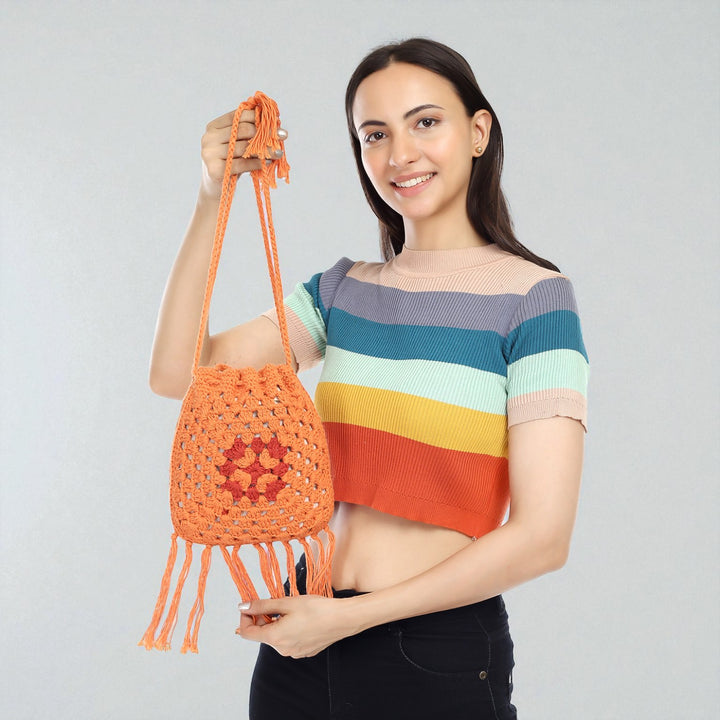 Handmade Crochet Orange Jaali Potli Bag