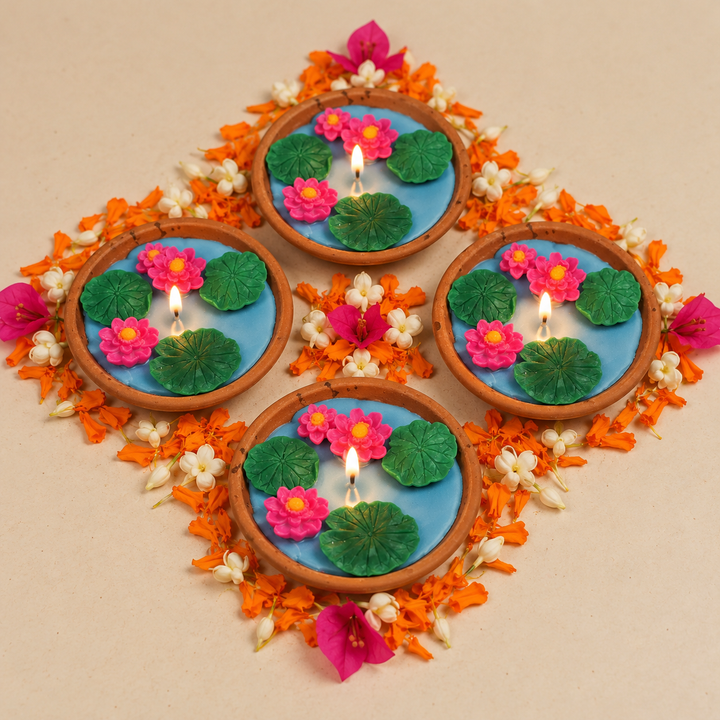 4 Pc | Handmade Lotus Pond Theme Soy Wax Terracotta Urli Diya