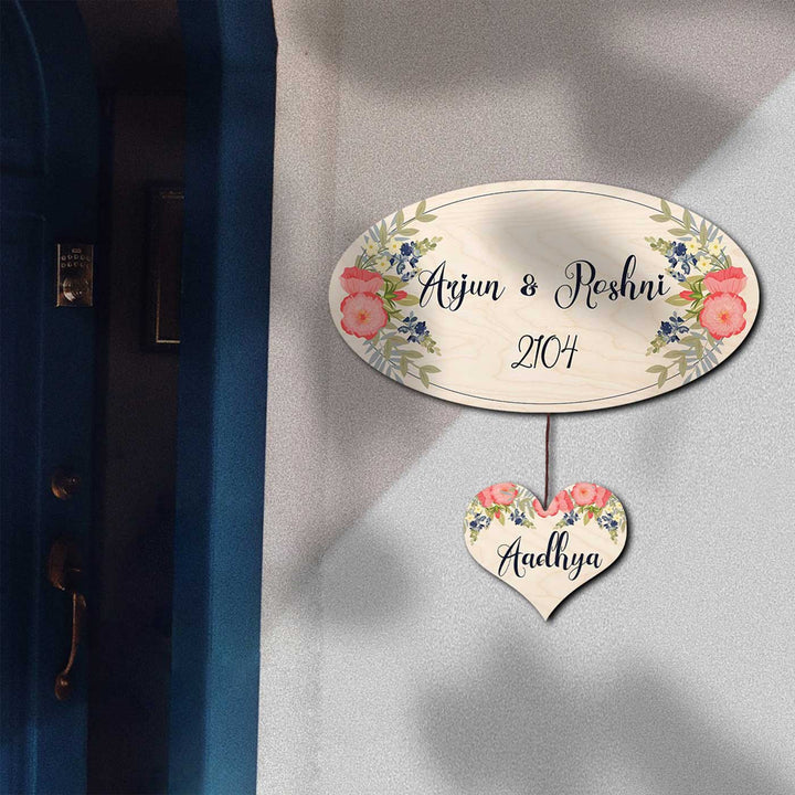 Printed White Floral Wooden Oval Nameplate For Family