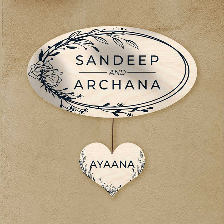 Printed Floral Wooden Oval Nameplate For Couples