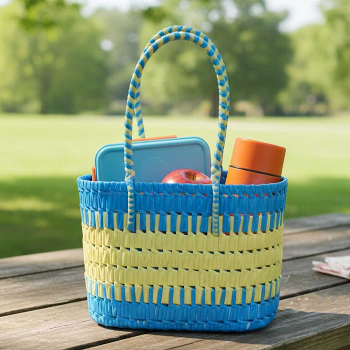 Handmade Traditional Plastic Tape Wire Blue And Yellow Koodai Lunch Bag