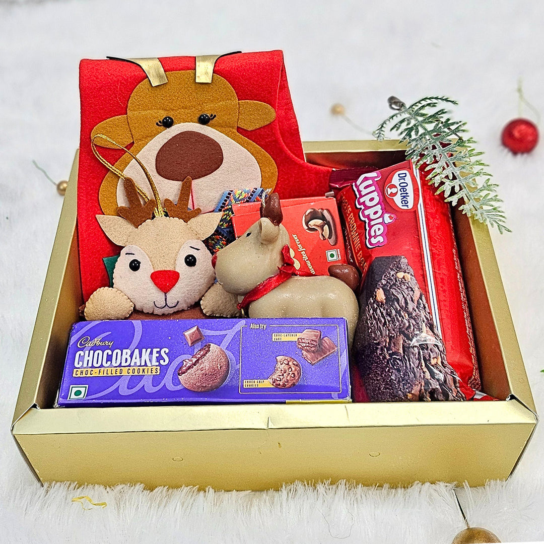 Personalized Christmas Gift Hamper | Includes 1 Ornament, 1 Stocking, 1 Reindeer Candle, 1 Brownie Cake, 1 Cadbury Chocobakes, 1 Nutties Pack