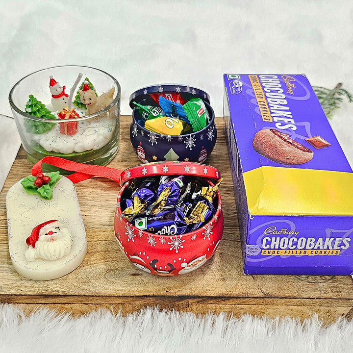 Festive Christmas Gift Hamper | Includes 1 Jar Candle, 1 Wax Sachet, 2 Toffee Boxes, 1 Cadbury Chocobakes