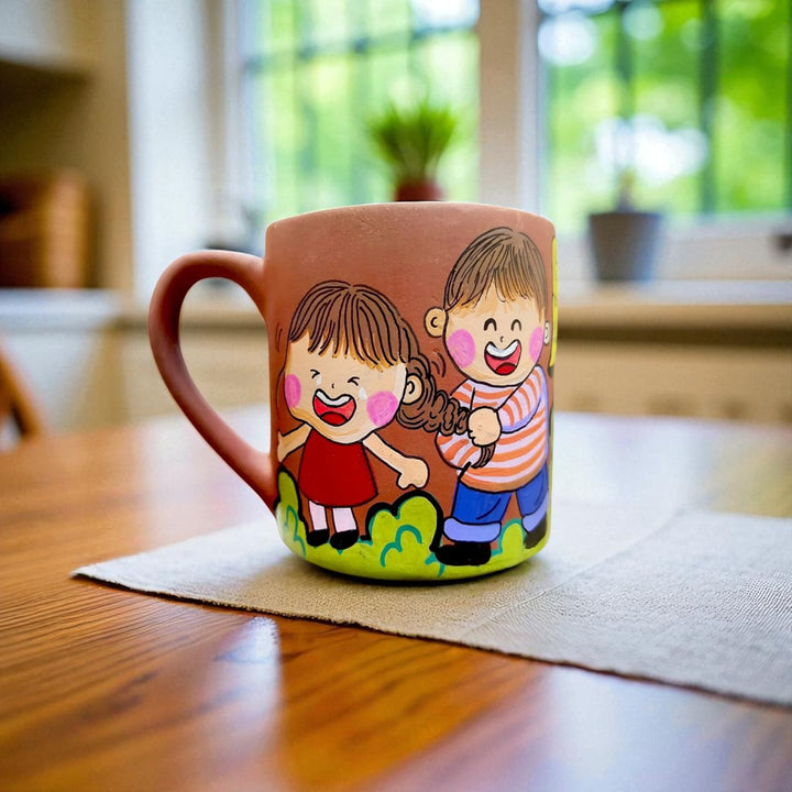 Hand-Painted Siblings Caricature Illustration Terracotta Mug