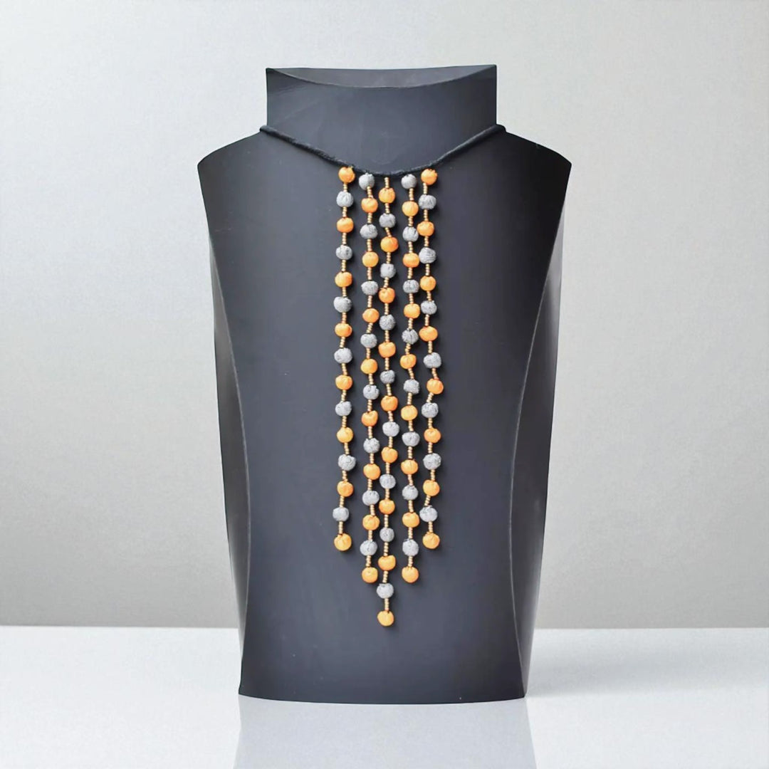 Handmade Textile Art Long Round Tasssls Dupion Silk Fabric Necklace
