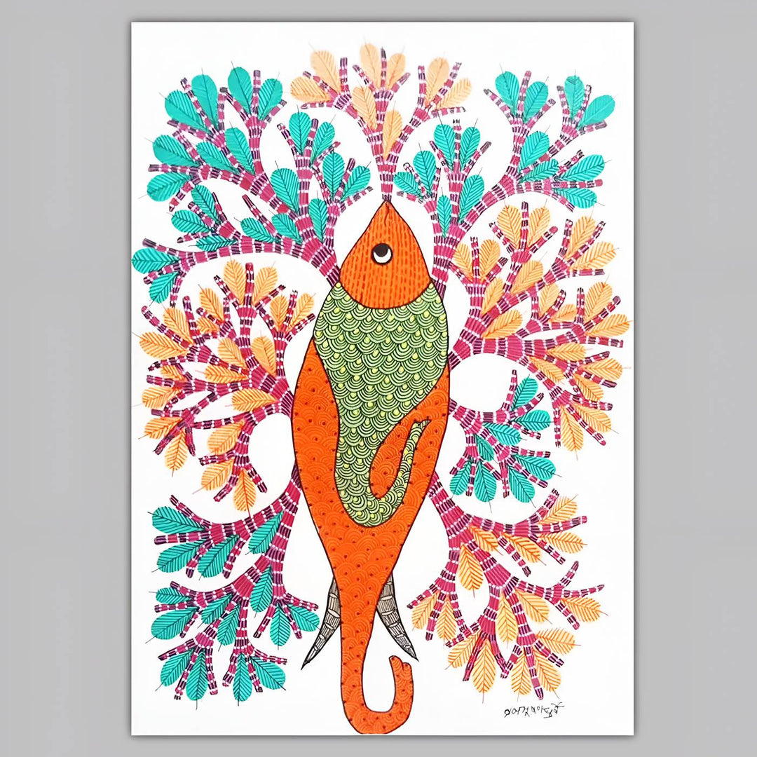 11 x 16 Inch | Orange Fish | Original Hand Painted Tribal Gond Art Painting | Acrylic Paint On Paper