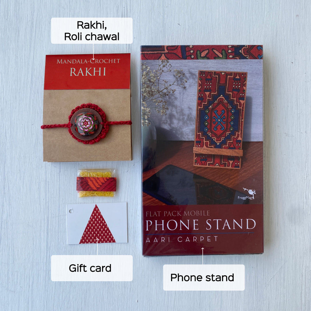Handcrafted Crochet Folk Art Rakhi Hamper With Rice Roli Haldi - Gift Set Components Labeled