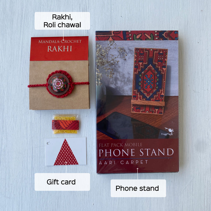 Handcrafted Crochet Folk Art Rakhi Hamper With Rice Roli Haldi - Gift Set Components Labeled