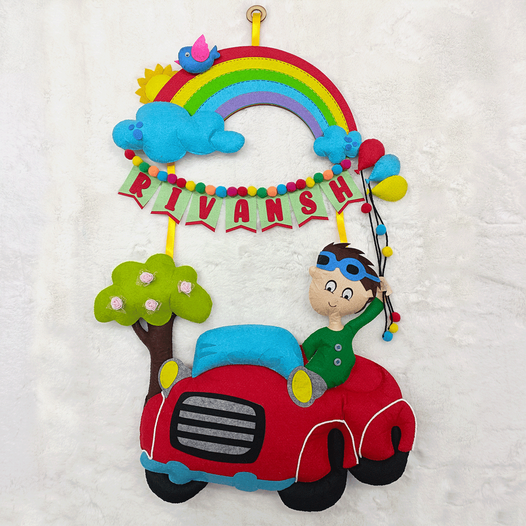 Handcrafted Personalized Rainbow & Car Themed Felt Name Plate