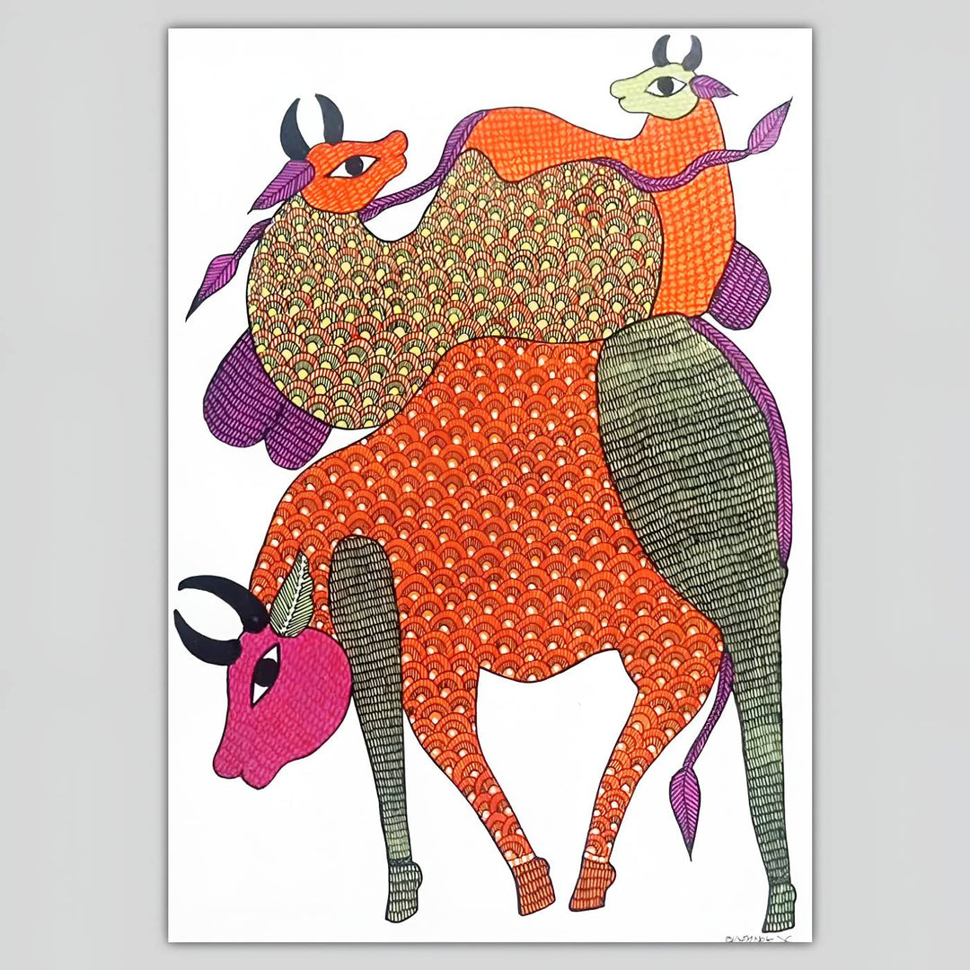 11 x 16 Inch | Cow & Calves | Original Hand Painted Tribal Gond Art Painting | Acrylic Paint On Paper