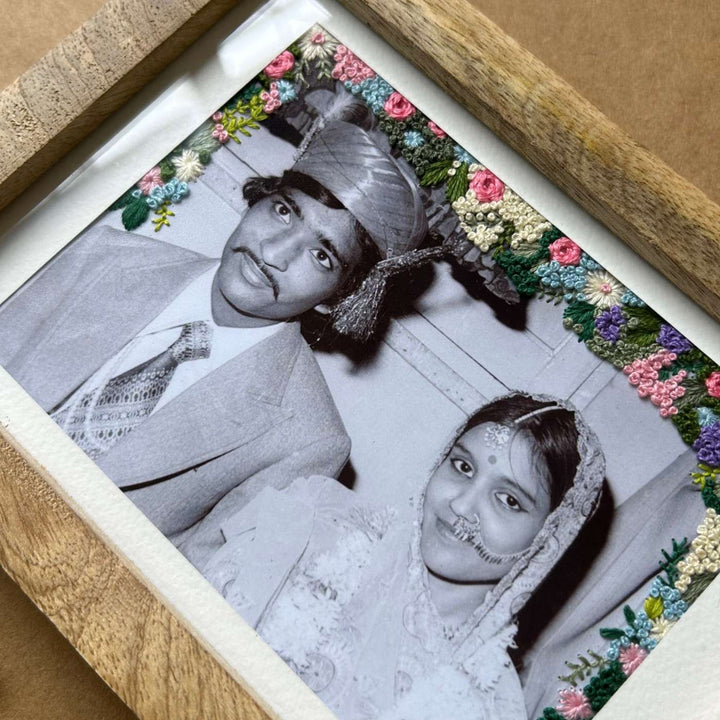 Three Side Floral Design Hand Embroidered Photo With Wooden Frame